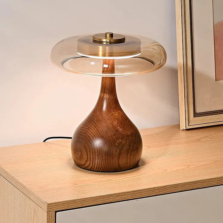 Julius – Mushroom-Style Glass and Walnut LED Table Lamp for Elegant Living Spaces Kozyled