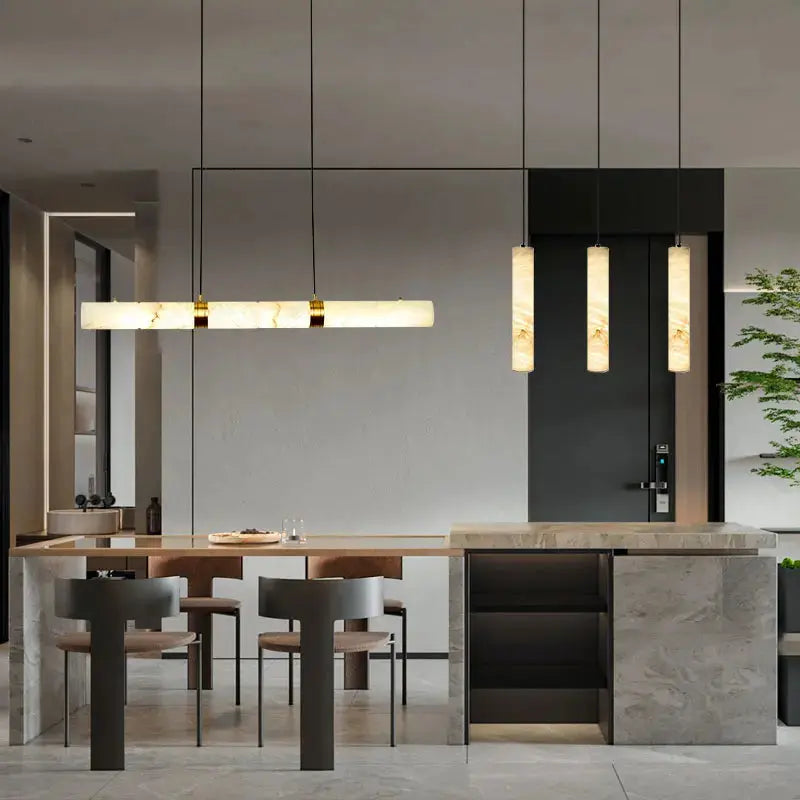 Albert – Dimmable Linear LED Pendant Light with White Alabaster Marble Design for Dining Tables and Bars Kozyled.com