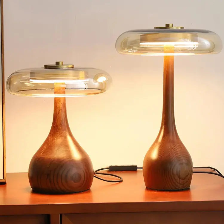 Julius – Mushroom-Style Glass and Walnut LED Table Lamp for Elegant Living Spaces Kozyled