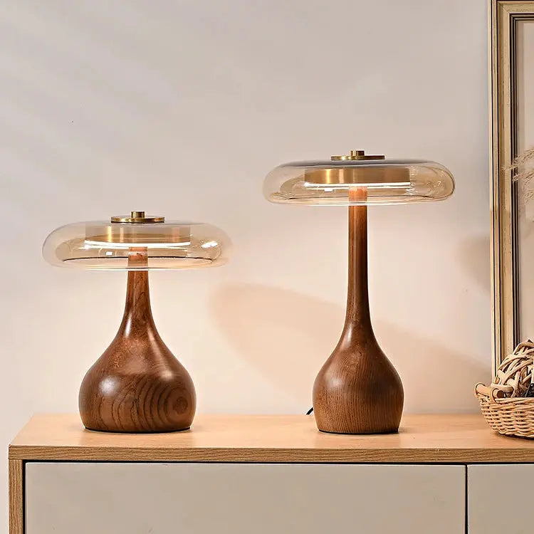 Julius – Mushroom-Style Glass and Walnut LED Table Lamp for Elegant Living Spaces Kozyled