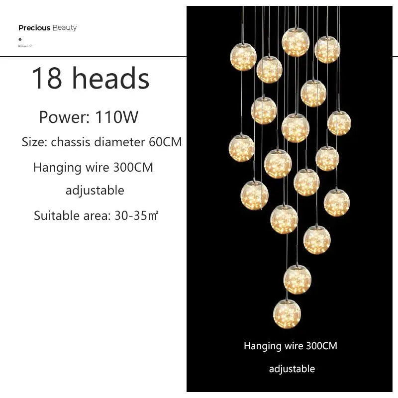 Axelle – Modern Dimmable LED Glass Ball Staircase Chandelier for Elegant Lighting Kozyled