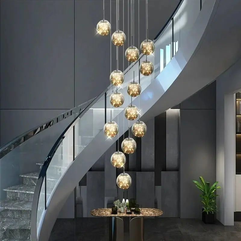 Axelle – Modern Dimmable LED Glass Ball Staircase Chandelier for Elegant Lighting Kozyled